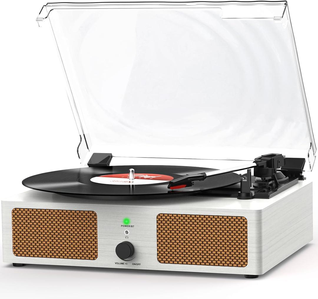 Vinyl Record Player with Built-in Speakers and USB,Belt-Driven Bluetooth Turntable with 3 Speed AUX Input Headphone Jack and RCA Output Vintage Wooden White