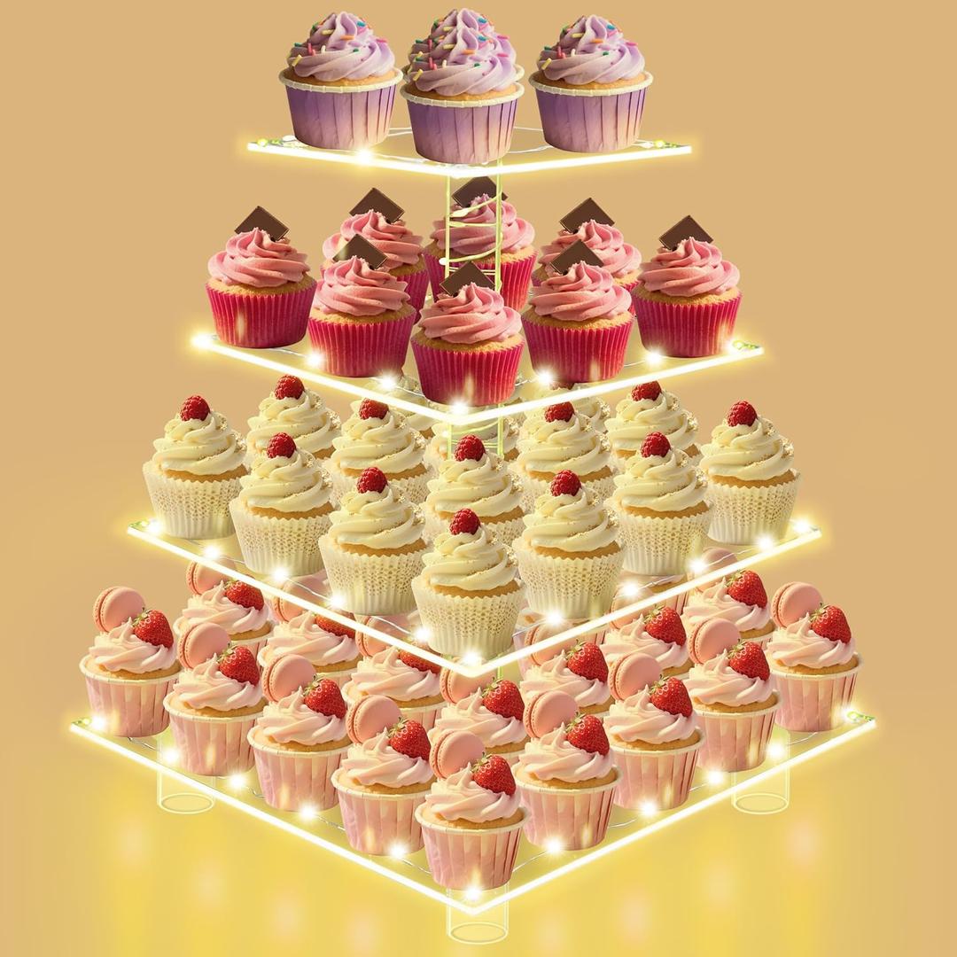 Cupcake Stand with Lights, 4 Tier Acrylic Cupcake Tower with Yellow LED String Lights, Clear Cupcake Display Stand for Wedding,Baby Shower, Birthday