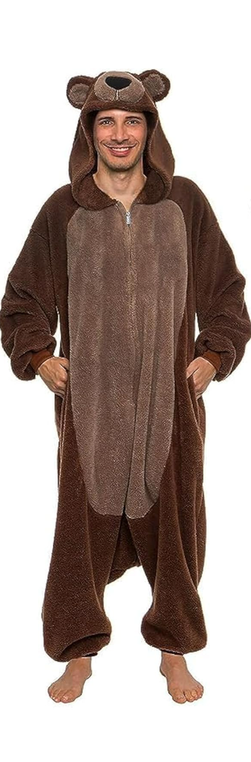 Funziez! Sherpa Bear Adult Onesie - Animal Halloween Costume - Plush Teddy One Piece Cosplay Suit for Adults, Women and Men, Size M