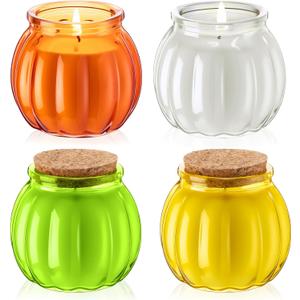 4 Pack Pumpkin Shaped Scented Candles Fall Pumpkin Spice Candles Decor Natural Soy Wax Candle for Home Autumn Halloween Thanksgiving Gift Farmhouse Decoration (White Green Yellow Orange)