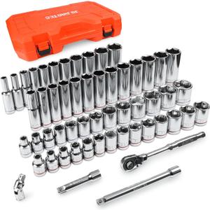 55-Piece 3/8" Drive Master Impact Socket Set, Shallow & Deep Sockets Kit (6-24mm & 1/4"-1"), SAE & Metric, Includes 3" Extension Bar, Universal Joint & 90-Tooth Ratchet, 6-Point Design