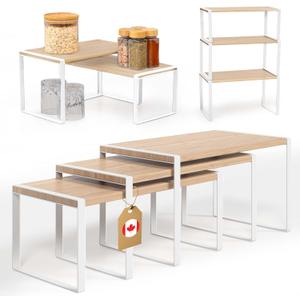 Ibyx Premium Kitchen Cabinet Organizer Shelf - Set of 3 Kitchen Counter Shelves - Stackable Shelf Racks for Cabinets - Metal Frame & Engineered Wood (Natural Wood, White Frame) (Natural Bamboo + White Frame)