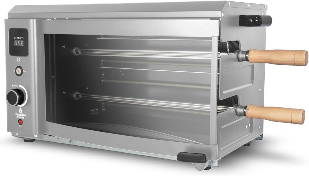 Brazilian Flame Indoor or Outdoor Rotisserie Grill Roaster with 2 Auto Rotating Skewers for Rotisserie Chicken, Steak, Fish, Brazilian Style BBQ, Electric Rotisserie Oven for Apartment or Home (Silver)
