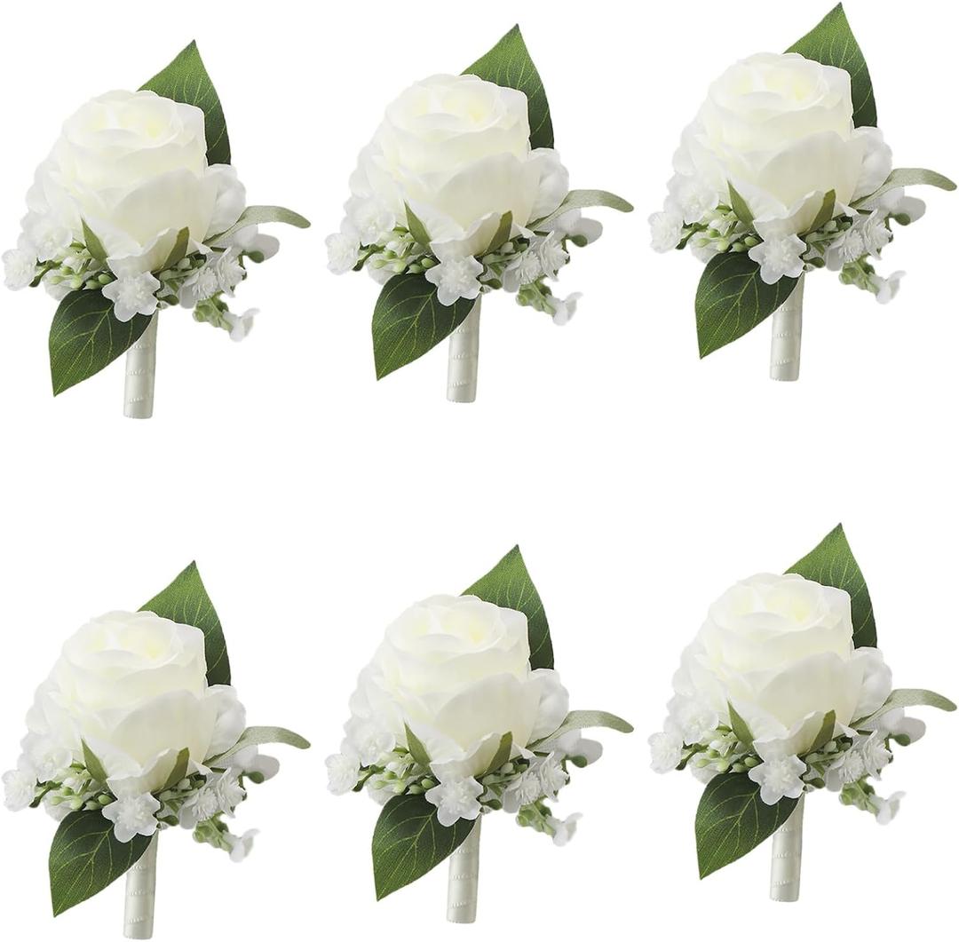 White Boutonniere for Men Wedding,Set of 6,Groomsmen Groom and Best Man Boutonniere for Wedding Prom, Rose Boutonniere for Men Wedding Ceremony Anniversary Party Homecoming