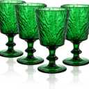 SOUJOY Set of 4 Colored Wine Glass Goblet, 12oz Handmade Pressed Stemmed Water Cup, Green Vintage Tropical Palm Pattern Embossed Drinkware for Party, Wedding, Christmas