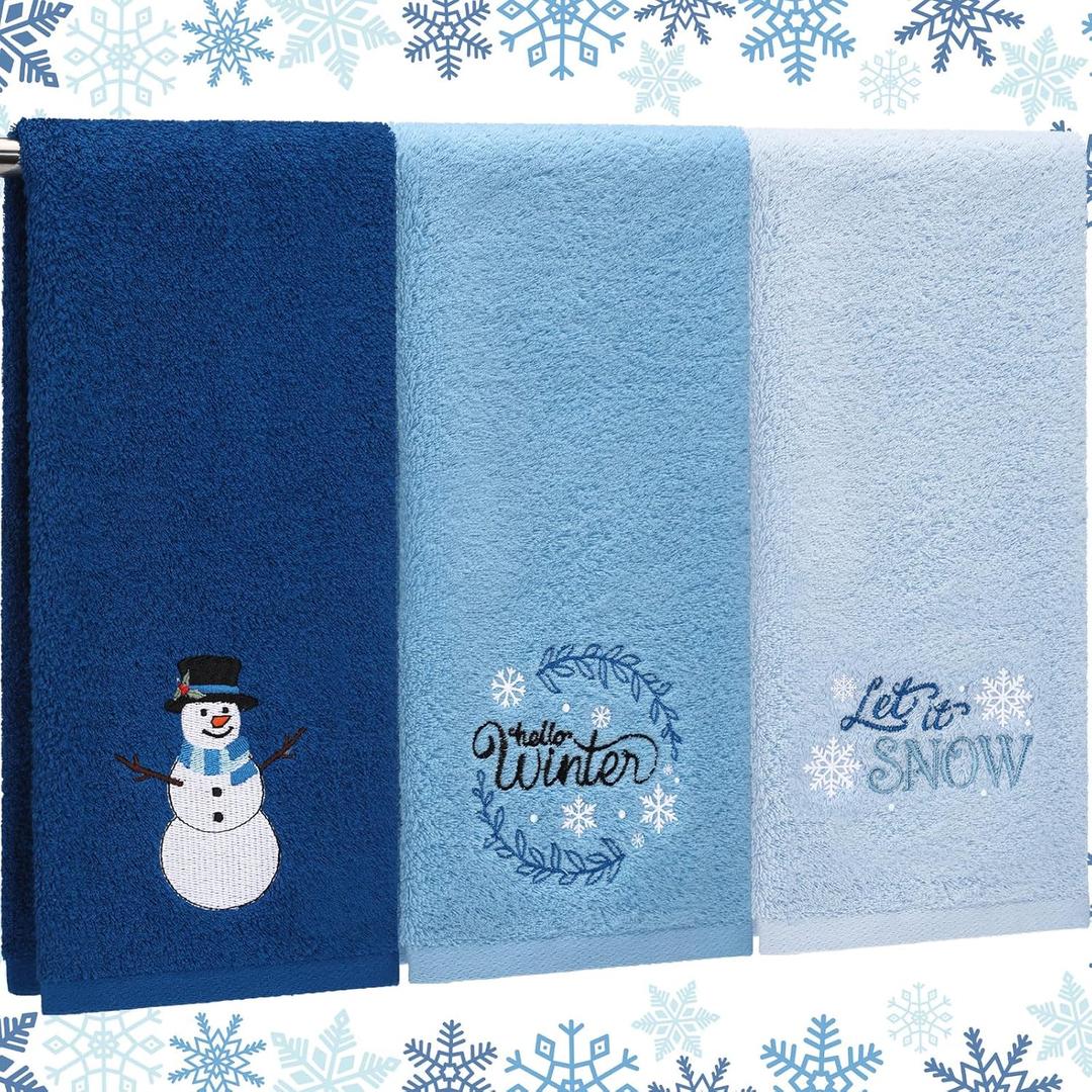 3 Pcs Winter Snowman Hand Towels for Bathroom Winter Blue Snowflake Hand Towels Let It Snow Embroidered Rustic 100% Cotton Soft Absorbent Decor for Holiday Kitchen, 13.8 x 29.5'