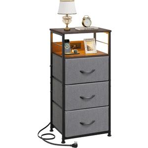 WLIVE Nightstand with Charging Station, 31.9" H Nightstand with 3 Fabric Drawers, LED Bedside Table with USB Ports and Outlets, End Table for Bedroom, Dorm, Entryway, Dark Grey, 11.73"D x 15.67"W x 31.93"H