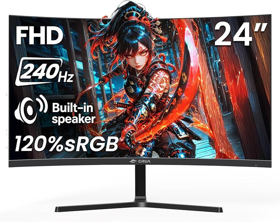 CRUA 24 240Hz Gaming Monitor, Curved FHD 1920 x 1080P, Built-in Speakers, Support 120% sRGB, AMD FreeSync, Low Motion Blur, Wall Mount Installs Compatible, for Office and Games(HDMI 2.0&DP 1.4)Black