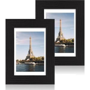 iRahmen 4x6 Picture Frame Set of 2, Black Wood Photo Frame with High Definition Glass, Display Pictures 3.5x5 with Mat or 4 x 6 Without Mat for Tabletop and Wall Mounting