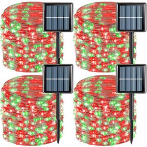 YEGUO Solar Fairy Lights Outdoor Waterproof, 4 Pack Each 33ft 100 LED String Lights, 8 Modes Silver Wire(Green and Red)