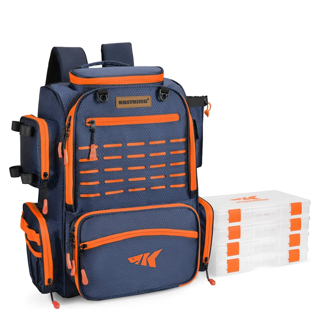 KastKing Bait Boss Fishing Tackle Backpack with Rod Holders-4 Tackle Boxes-Rain Cover,43L Large Storage for Fishing Gear