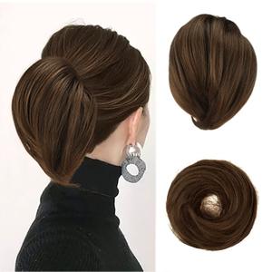 BARSDAR Straight Hair Bun Extensions - Synthetic Fully Short Straight Ponytail Hair Bun Extensions for Women - Elastic Messy Hair Bun Hairpieces Scrunchies Daily - Mixed Chestnut Brown (1 Count (Pack of 1))