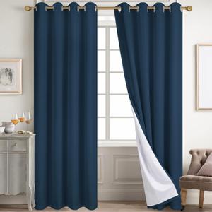 Diraysid 100% Blackout Curtains Navy Blue Linen Curtains for Bedroom Grommet Thermal Insulated Room Darkening Drapes (2 Panels, W52 x L84 Inch)