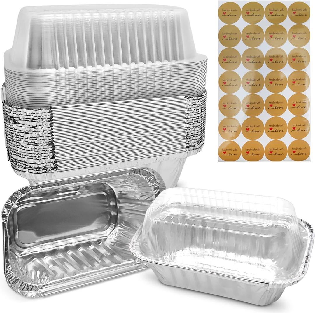 Mini Loaf Pans with Lids 50 Pack Small Aluminum Pans with Lids 6x3.5x2 complete with Baked with Love Stickers for Baking Bread, Fruit Cake, Banana Bread, Meatloaf and Baked Goods