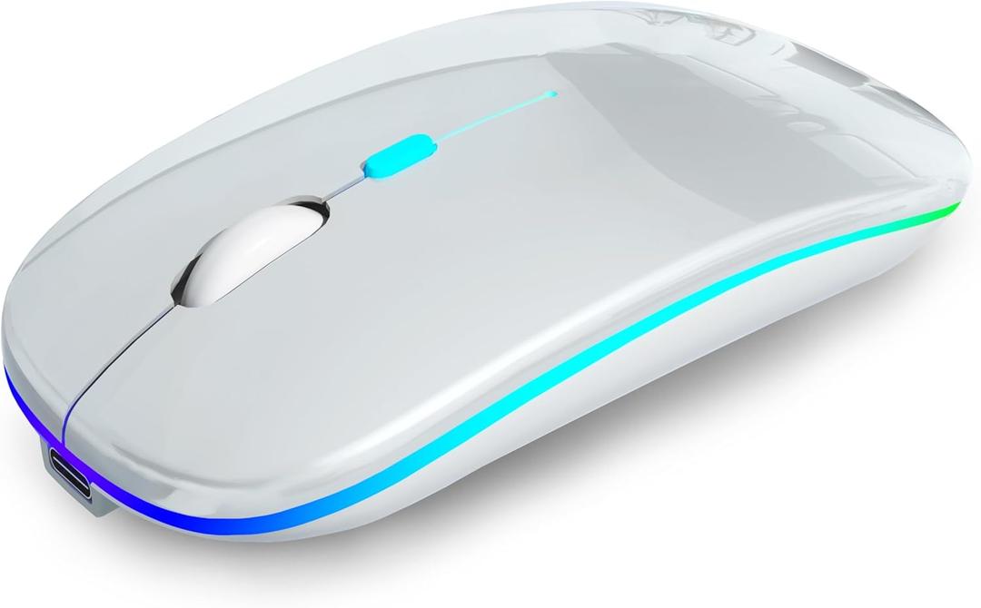 Wireless Bluetooth Mouse Rechargeable Laptop Mice with LED Use Portable(BT5.2 and USB 2.4G) Dual Mode Connection Silent Slim Computer Mouse for Laptop/iPad Tablet/Apple MacBook/PC(Silver)