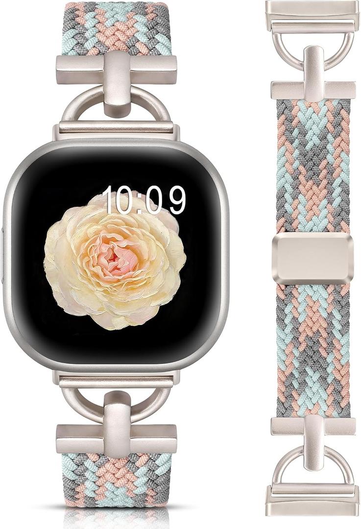 Wearlizer Magnetic Band Compatible with Fitbit Versa 4 3/Sense 2 1 Bands | Women Men Designer D-Shape Stretchy Braided Elastic Nylon Strap for Versa 3 4 Sense 2 1 Smartwatch Accessories