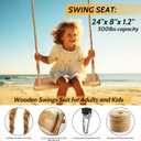Wooden Swing,Wood Tree Swing for Adults Kids,Adjustable Hemp Rope Plus Tree Straps, 24"x 8"x 1.2" /500LBS LoadsWood Swing Seat for Outside and Indoor Use