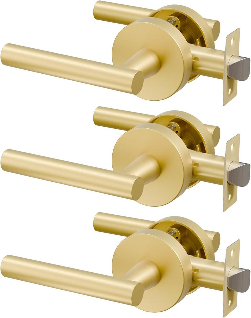 3 Pack Brushed Gold Passage Door Handles, Streamlined Closet Door Lever Handles, Heavy Duty Hall Door Handle Brass, Brushed Gold Hallway Passage Doors Handle