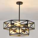7-Light Dining Room Chandelier, Black Geometric Cage Ceiling Light Fixture, Adjustable Height Farmhouse Hanging Industrial Pendant Light with E26 Base for Kitchen Island Living Room Bedroom Foyer