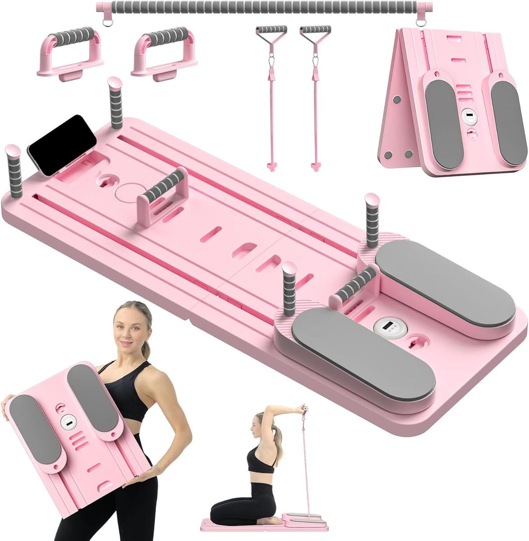 Pilates Board - Pilates Reformer Set, Multi-Purpose Foldable Pilates Reformer Board for Home,11 in 1 Pilates Equipment, Pink
