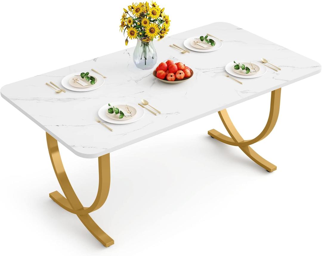 LITTLE TREE Dining Room Table, Kitchen Table with Faux Marble Table Top and Gold Metal Legs (63 Inches Large)