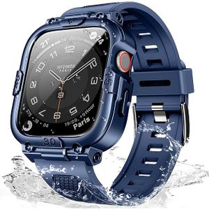 Mosonio Sport Rugged Case with Band for Apple Watch Band 46mm 45mm 44mm 42mm (S10)41mm 40mm, Light TPU Bands with Cover and Screen Protectors for Men, Waterproof Strap for iwatch Series 10 9 8 7 6 5 4 SE (Blue)