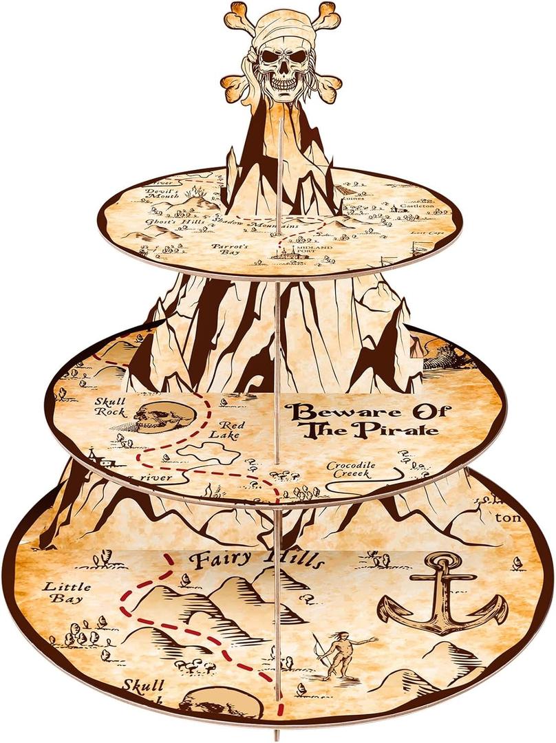 Pirate Cupcake Stand 3-Tier Treasure Map Cupcake Tower for Pirate Birthday Party Supplies and Decorations