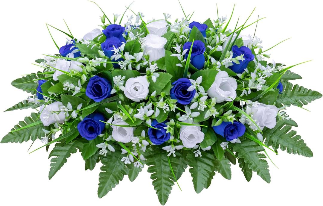 LVXINLI Artificial Cemetery Flowers Saddle-Shaped Tombstone Decorations Non-Fading UV-ResistantBlue+White Saddle