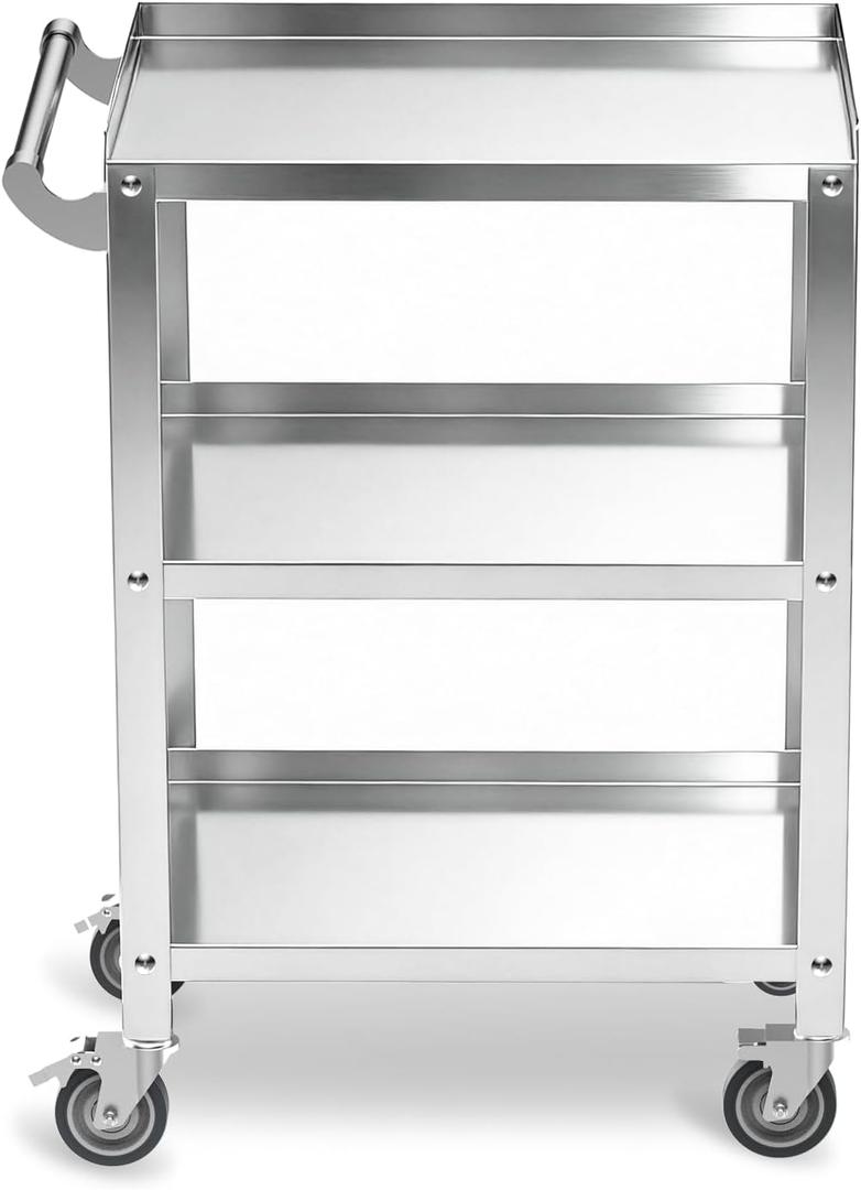 Stainless Steel Utility Cart 3 Tier - Heavy Duty Rolling Cart with Silent Wheels & Handle, Commercial Food Storage Trolley for Kitchen Restaurant Hospital Lab and Home, 16L x 24W x 34H