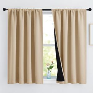 NICETOWN Bedroom Full Blackout Curtain Panels, Super Thick Insulated Rod Pocket Window Covers, Blackout Draperies with Black Liner for Short Window (Biscotti Beige, Set of 2 PCs, 52 by 45-inch)