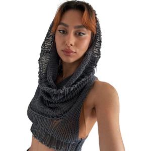 Women Knitted Hoodie Sweater Vest Sexy Sleeveless Hollow Out Hooded Crop Top Streetwear Rave Oufit (Large, Gray)