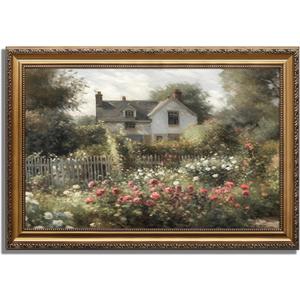 KBKBART Gold Framed Vintage Wall Art, Vintage Wildflower Countryside Canvas Oil Painting Wall Art, Rustic Antique Landscape Spring Decor Bathroom Decor for Bedroom Living Room, Gifts for Friends or Family(16"x24")