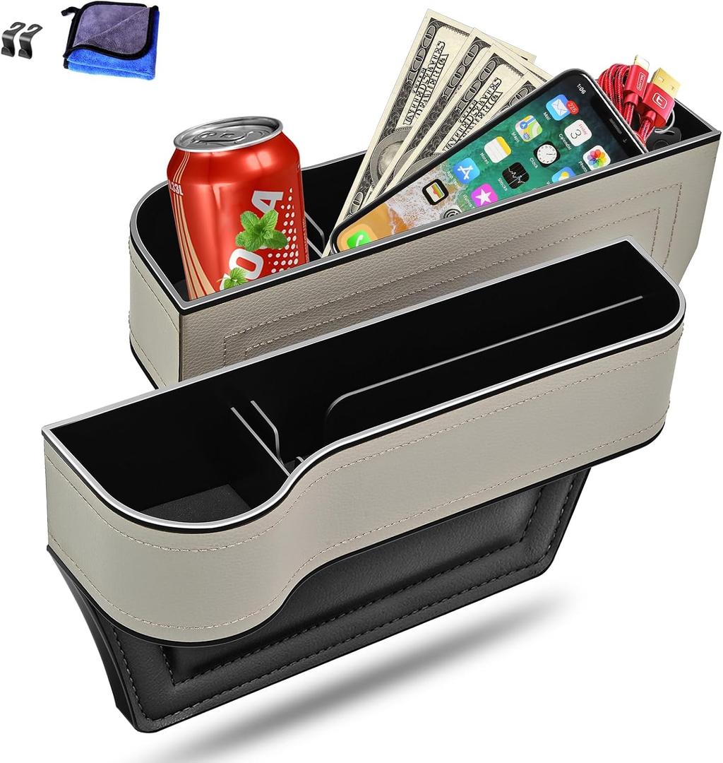 Car Seat Gap Filler Organizer, 2 Pack Multifunctional Car Seat Organizer, Auto Console Side Storage Box with Cup Holders 2 Seat Hooks for Drink, Car Organizer Front Seat for Holding Phone, Sunglasses