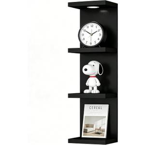 4 Tier Floating Wall Shelf with LED Lights Black Storage Organizer, X-Large