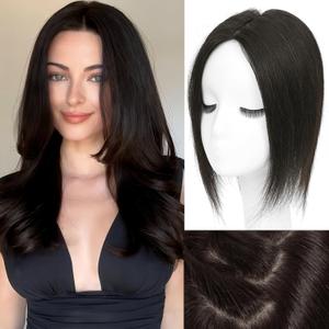 Hair Toppers for Women Real Human Hair, Realistic Biological Scalp Toppers HairPieces for Women with Thinning Hair Middle Part Clip in Bangs Big Base 360 3D Cover (Natural Black, 12 Inch)