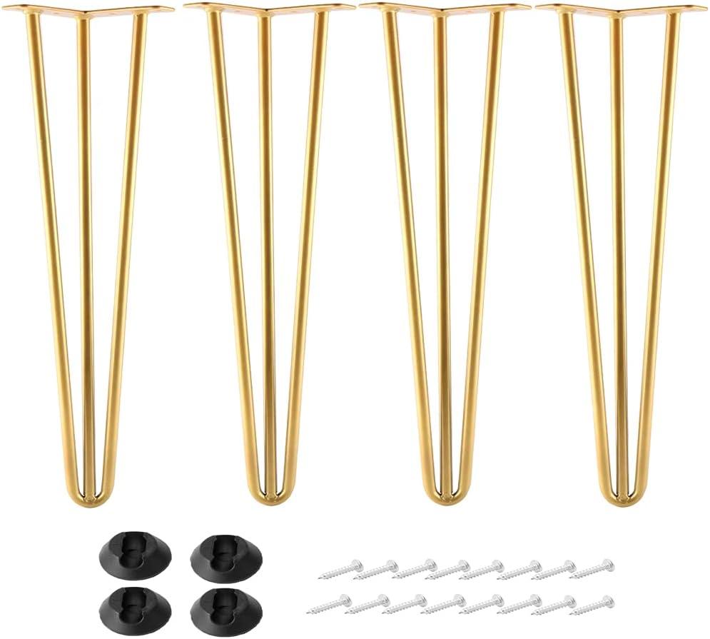 16 Inch Hairpin Legs Metal - 1/2 Dia 3 Rods Design - Mid Century Furniture Table Legs, DIY Furniture Hairpin Feet Gold for Nightstand, Coffee Table and TV Stand, Set of 4