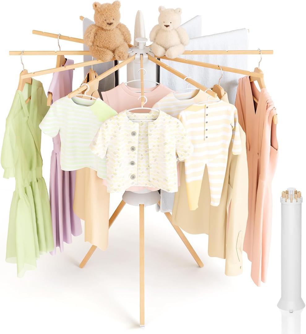 Tripod Clothes Drying Rack Foldable, Wooden Drying Rack Clothing, Laundry Drying Rack Collapsible, Drying Rack for Clothes Space Saving, Portable Clothes Rack for Indoor, Outdoor, RV