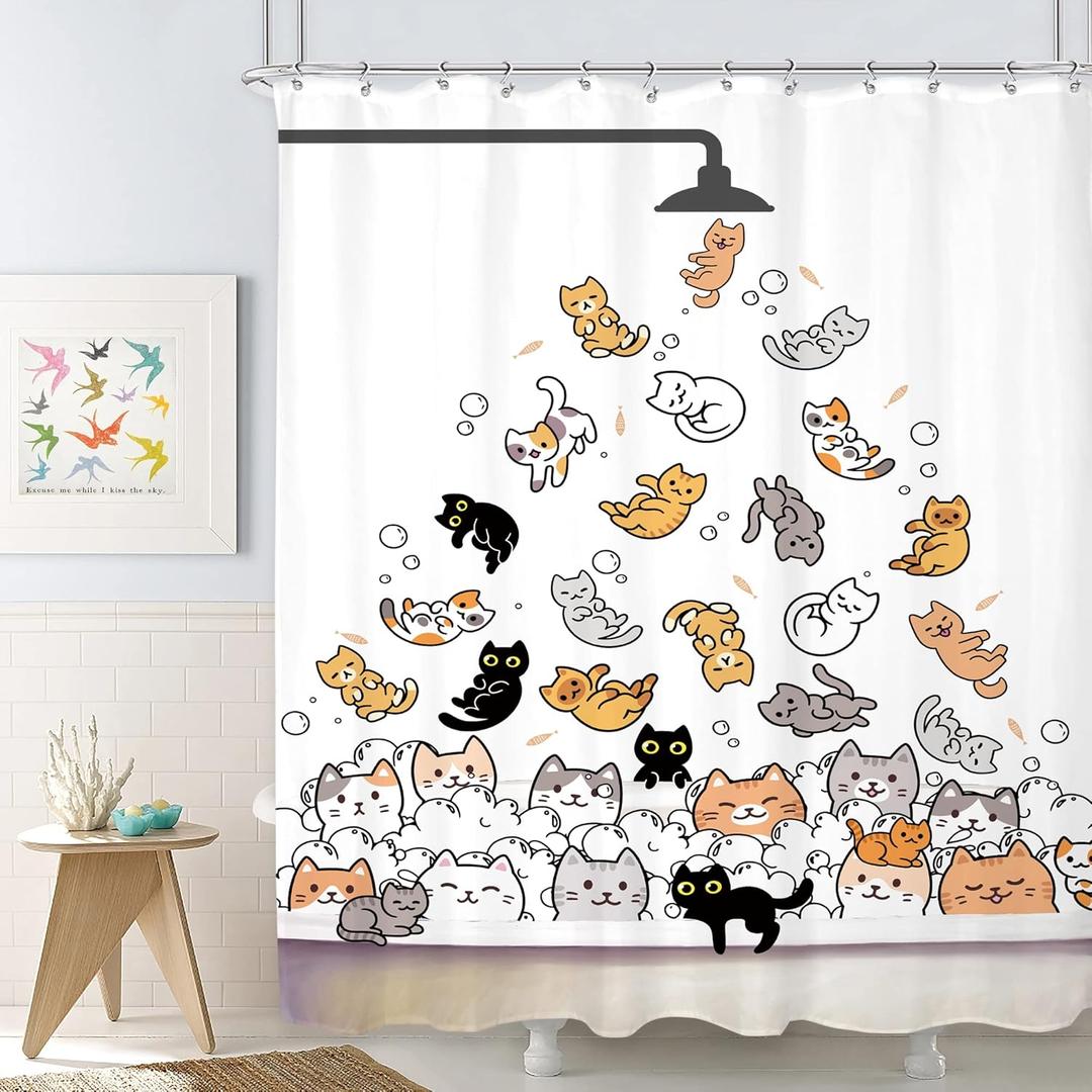 SVBright Cat Shower Curtain for KidsCute Shower CurtainsFunny Cat Lover Fabric Shower CurtainCartoon Animal Hilarious Water Bathroom Children 60Wx72L Inch Waterproof Polyester Bathtub 12 Pack Hooks (60"W x 72"L (Pack of 1), A-cat)