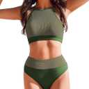 AI'MAGE Women's High Waisted Bikini Ribbed Tummy Control Swimsuit High Neck Color Block Two Pieces Bathing Suits 2025 (X-Large, Army Green)