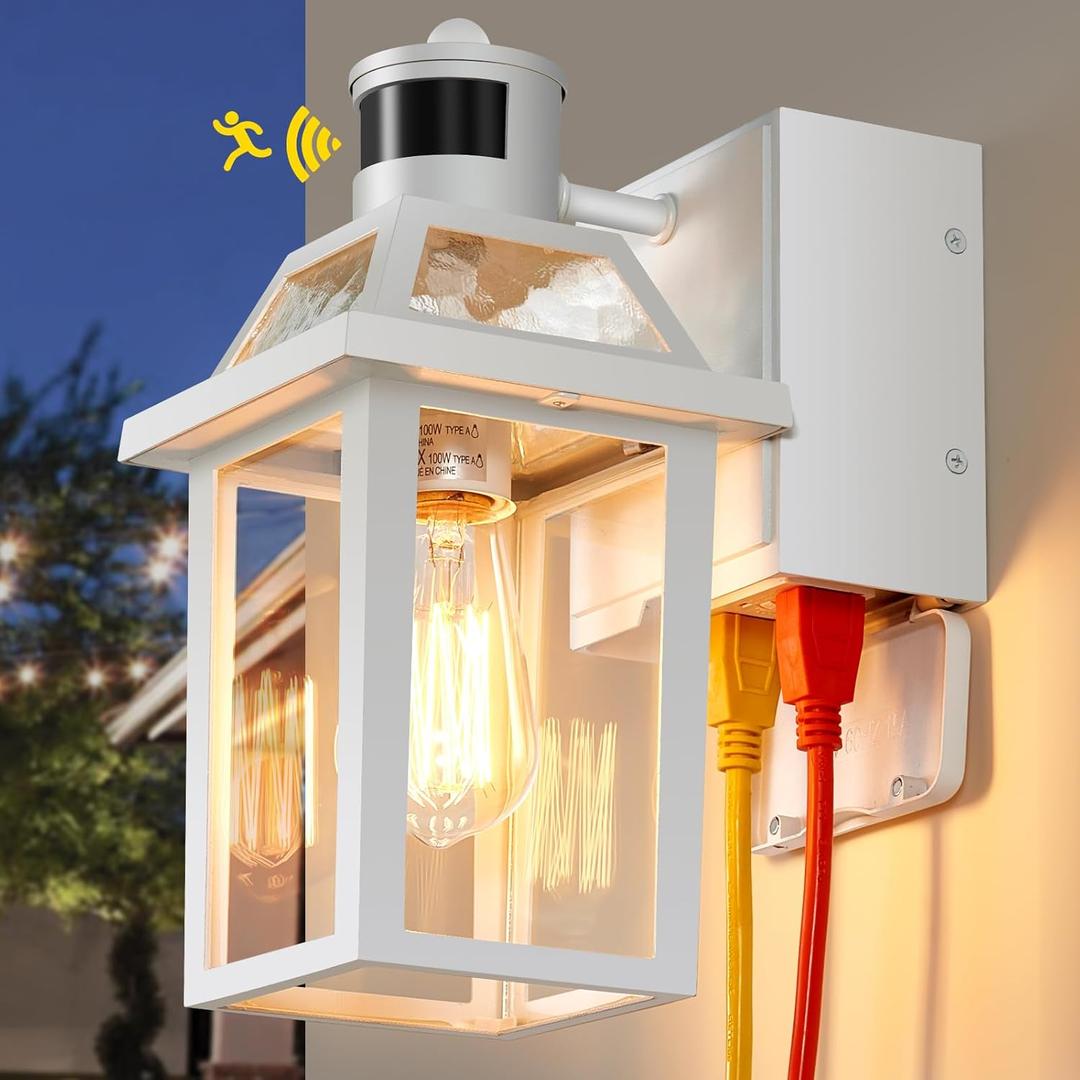 Yisuro Porch Lights with GFCI Outlet, Dusk to Dawn Motion Sensor Outdoor, 3 Lighting Modes Exterior Light Fixture, Outside for House Front Door Patio Garage(White), 1 Pcs White