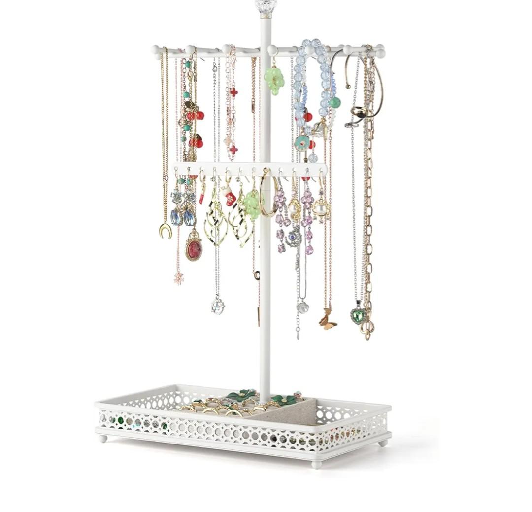 Meangood Jewelry Tree Stand Organizer 3in1 Necklace Organizer Display Bracelet Earrings and Ring Tray Jewelry Holder Hanger Metal（White）