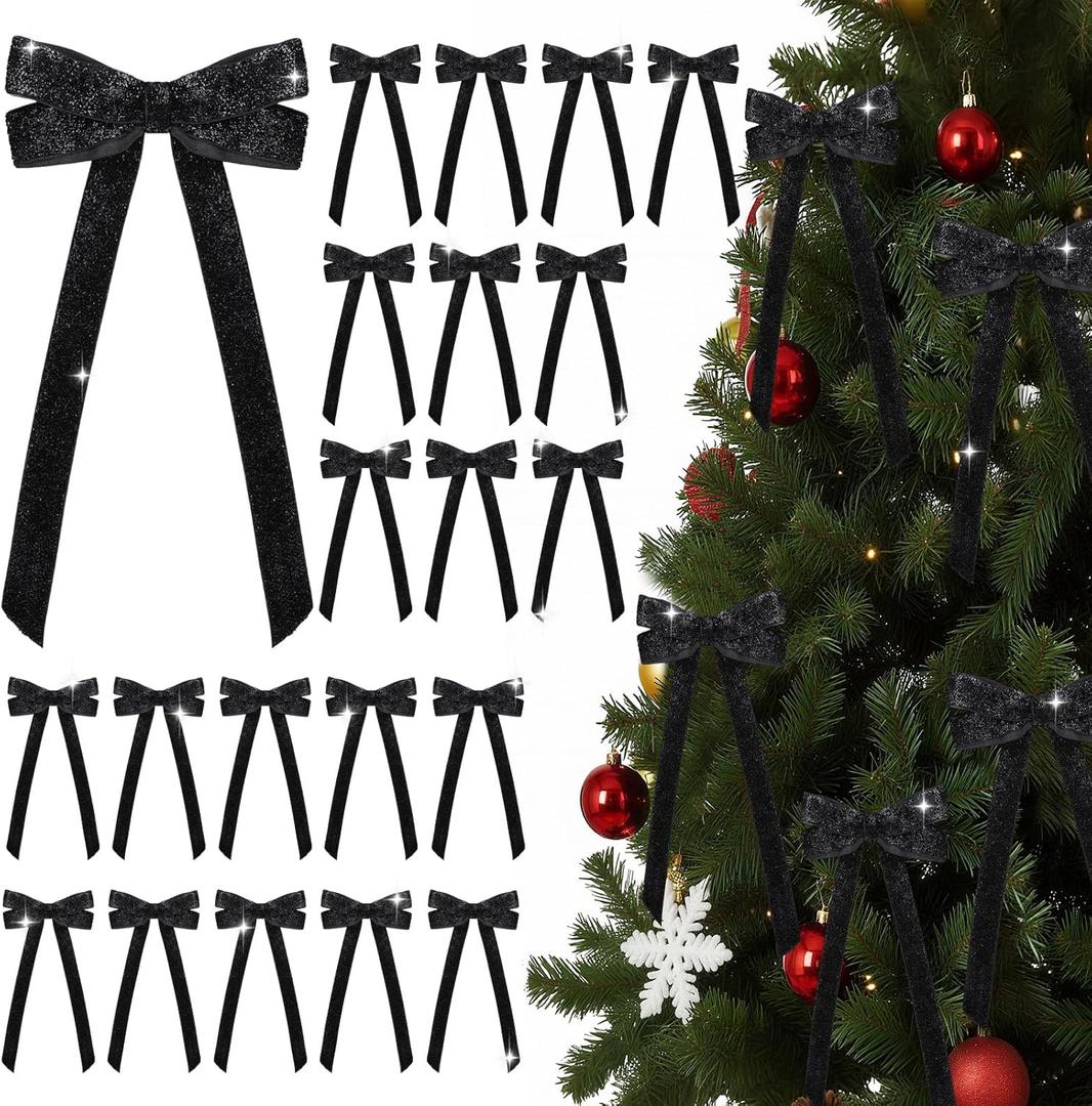 5 x Zhengmy 24 Pcs Long Velvet Bows Glitter Christmas Ornaments Vintage Large Velvet Glitter Christmas Swag Staircase Wreath Tree Topper Bows Large Bow for Outdoor, 6.3 x 12 Inch(Black)