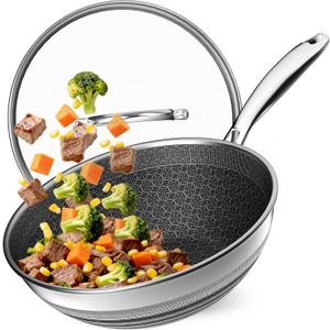 Woks & Stir-fry Pans Nonstick - Hybrid 304 Stainless Steel Wok 10.8" Non Stick Wok Pan with Lid for Induction, Electric, Gas, All Stoves, PFOA Free Cookware, Dishwasher and Oven Safe