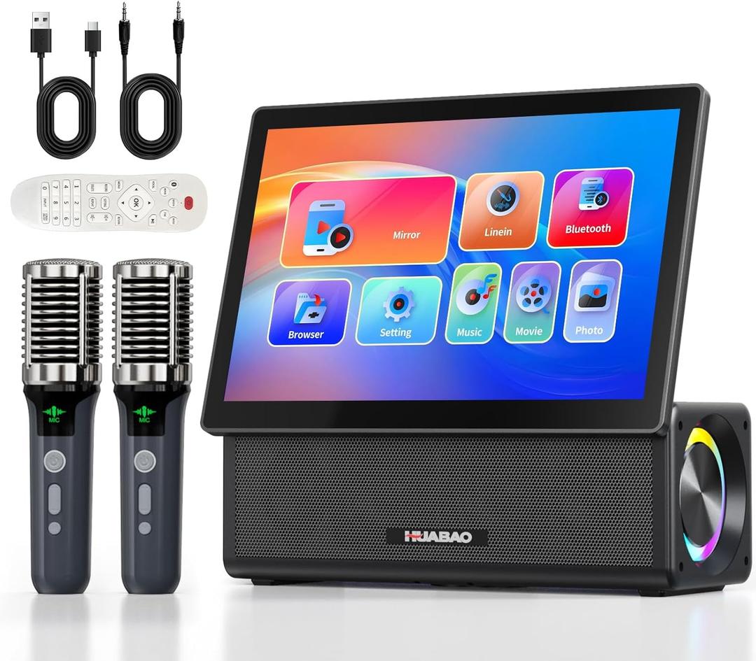 HUABAO Portable Karaoke Machine with 14.1 HD Rotatable Screen, Wireless Screen Mirroring for Android & iOS, Bluetooth Party Speaker with Lyrics Display & Lights, PA System with 2 Wireless Microphones