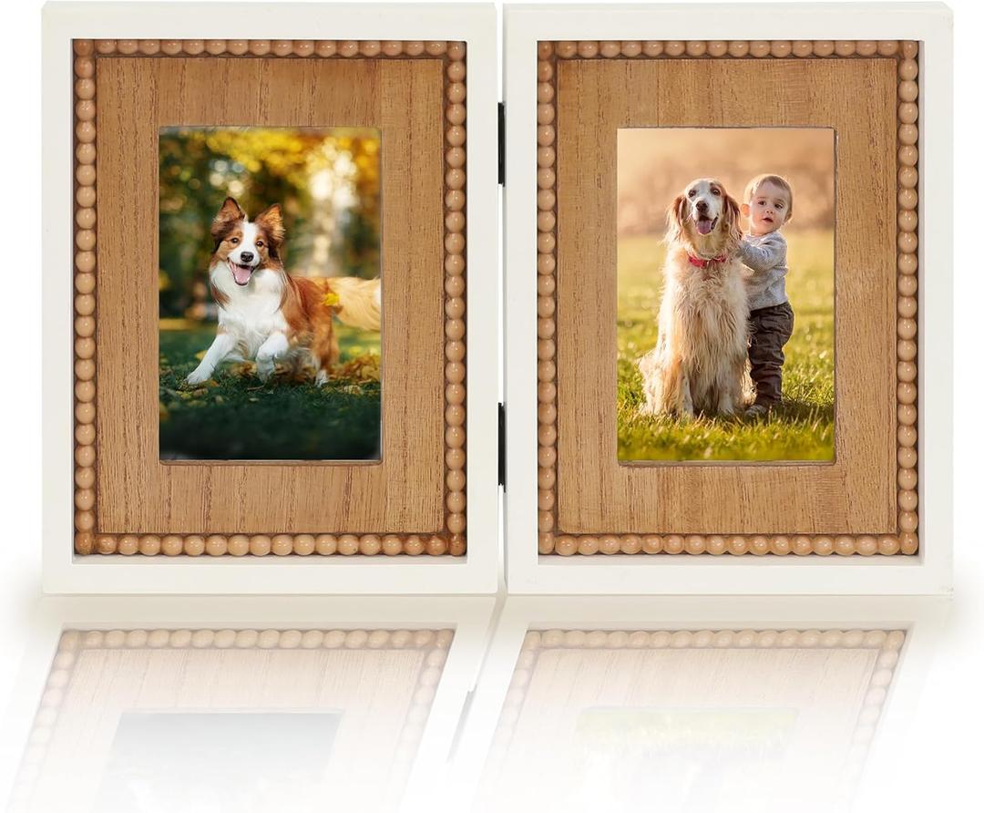 RiteSune Rustic 2 Picture Frame 4X6 Distressed Photo Frames with Beads for Tabletop Display, Vintage Picture College Frame for Present