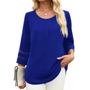 CiCiBird 3/4 Length Sleeve Womens Tops Dressy Casual Business Blouses Summer Pleated Front Shirts Royal Blue M (Blue, M)