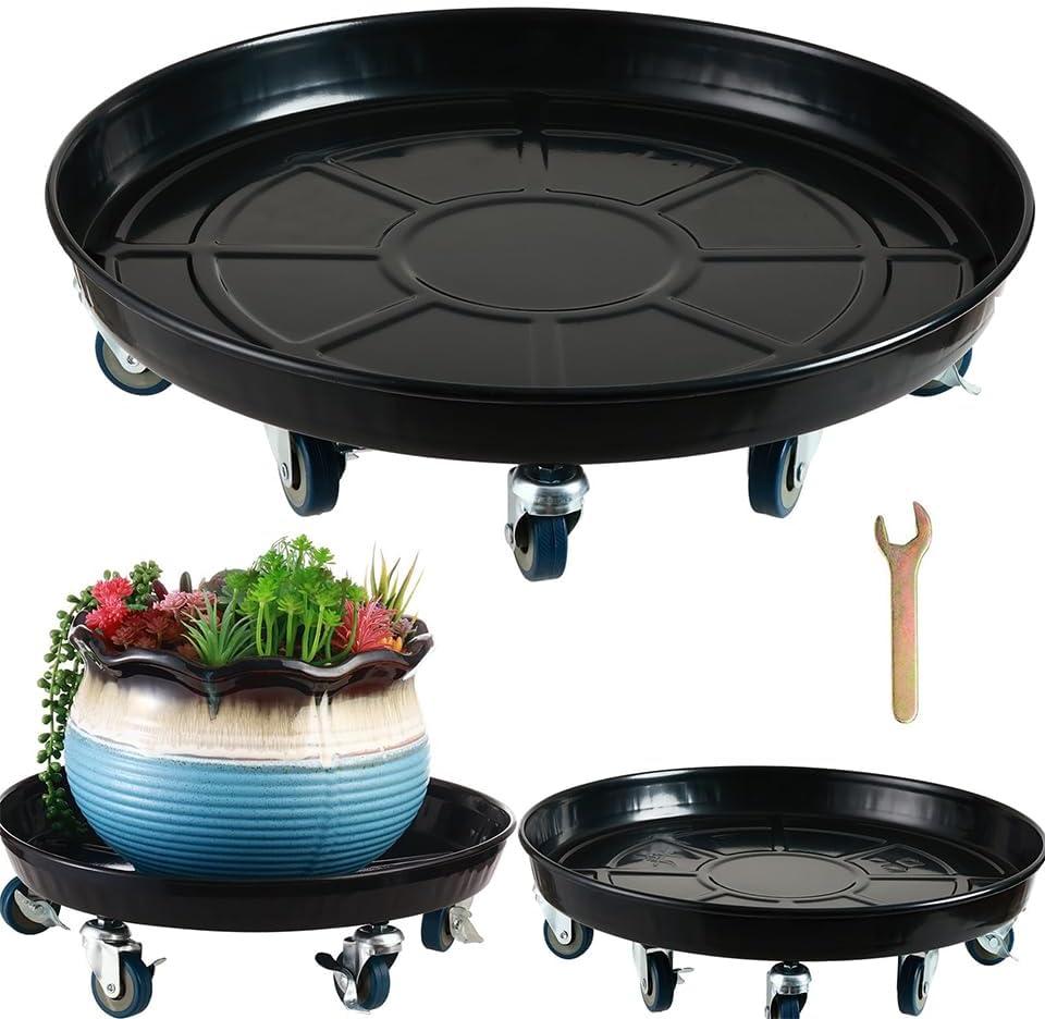 Planterhoma 3 Packs 18" Metal Plant Caddy with Wheels Extra-Large Rolling Plant Stand Heavy-Duty Plant Dolly with Casters Indoor Outdoor Wheeled Flower Pot Mover Rollers Garden Cart Trolley, Black
