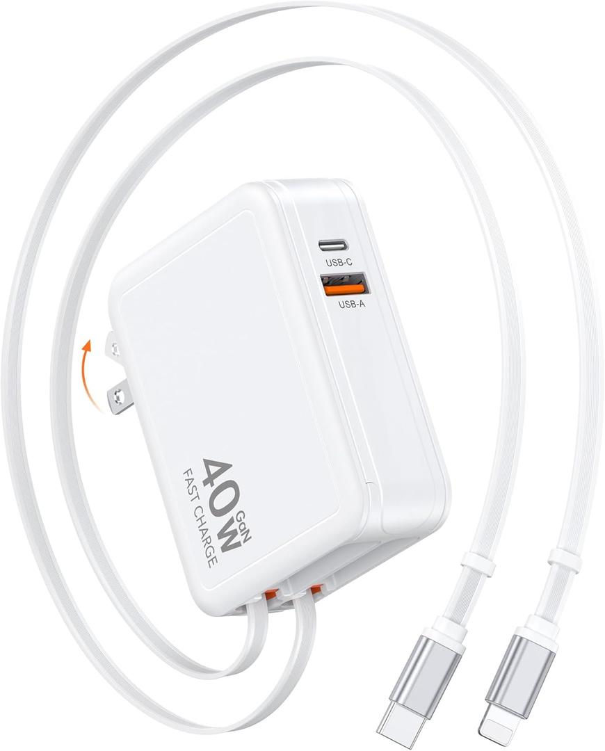 Retractable USB Charger Wall Plug with Type C Cables Cords,40W Fast Charging Foldable Block Multi Charger,4-in-1 Travel Essentials Brick Multiport for iPhone 17/16/15/14/13/12,iPad,Galaxy,LG,Pixel