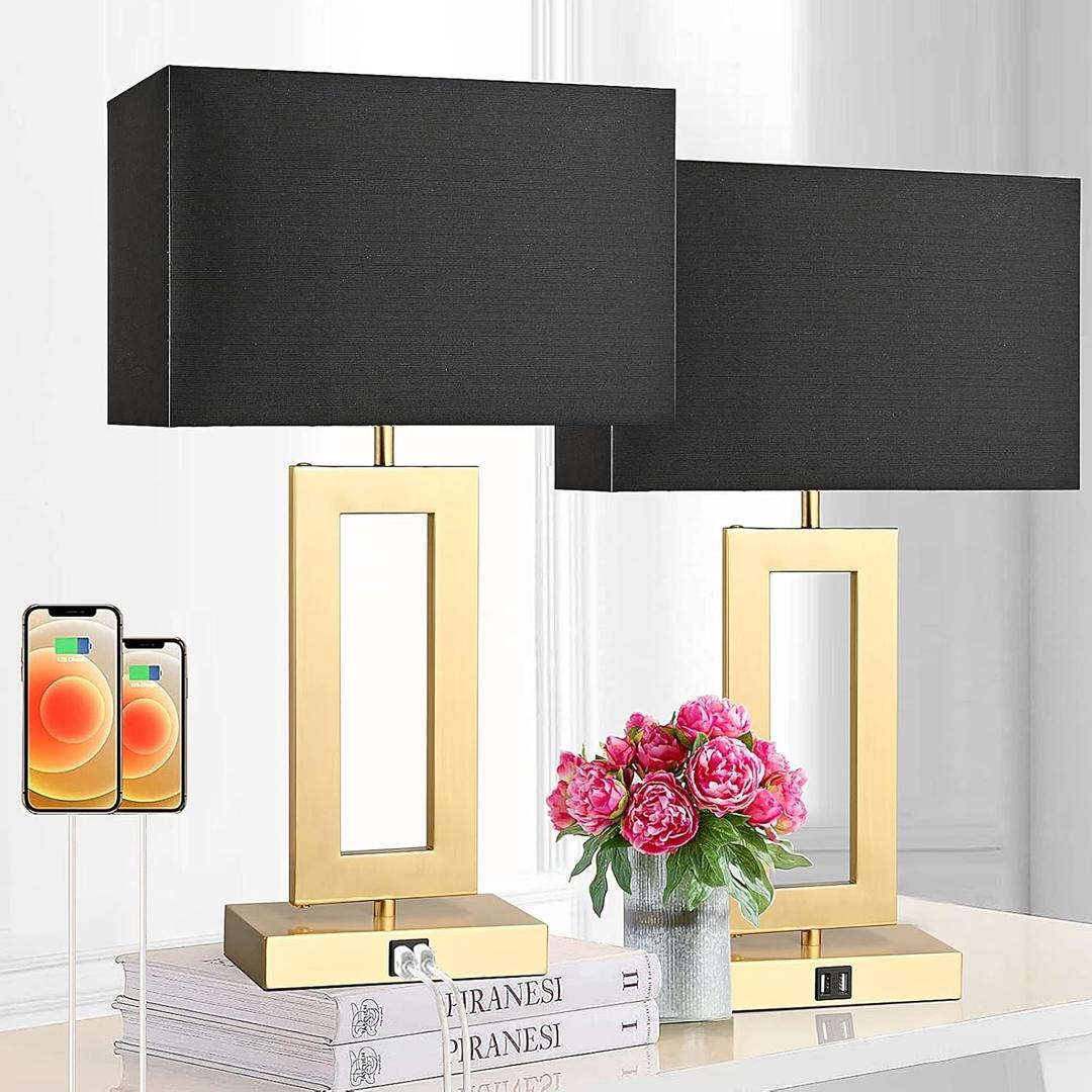22'' Black&Gold Lamps for Bedrooms Set of 2, Touch Control Table Lamps with USB Ports, 3-Way Dimmable Bedside Nightstand Lamps, Modern Table Lamps for Living Room End Table, LED Bulbs Included