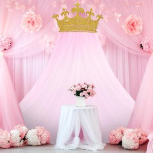 2pcs Princess Party Pink Tulle Background Curtain Decorations Set Glitter Crown Oversized 5x8 ft Pink Gauze Backdrop for Princess Birthdays Party Mothers Day Bridal Baby Showers Wedding